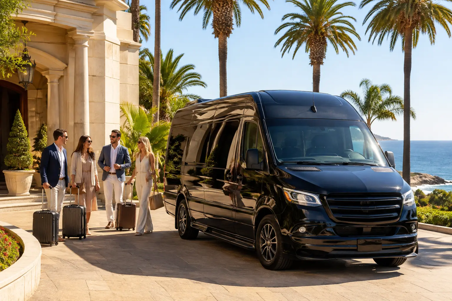 Executive Sprinter transportation at a sunny Orange County coastal resort