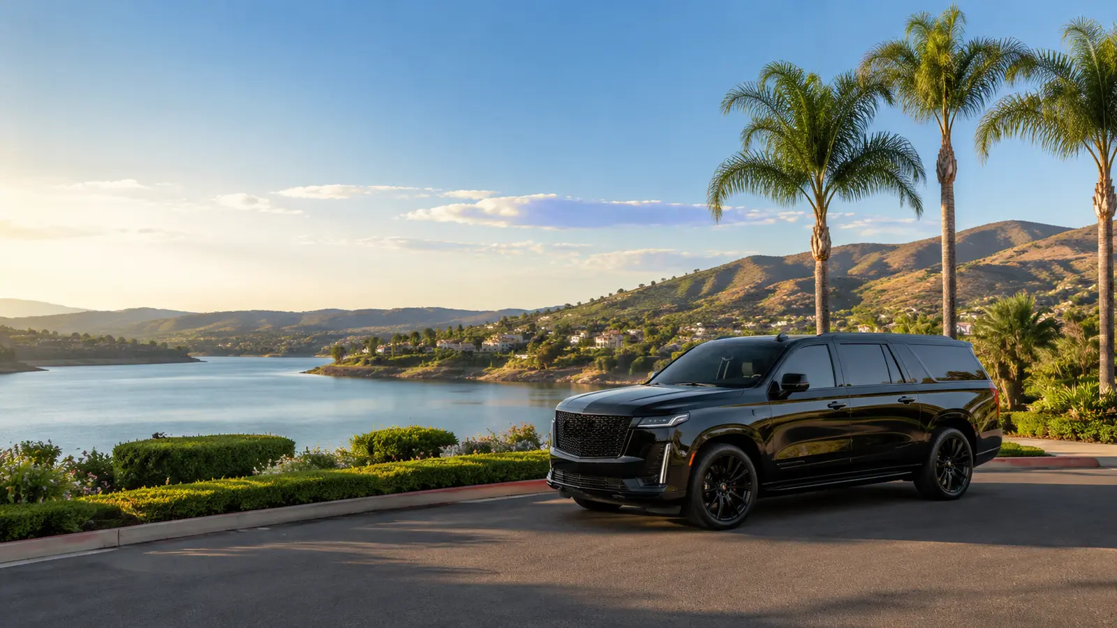 Black luxury SUV overlooking a sunny Mission Viejo lake landscape
